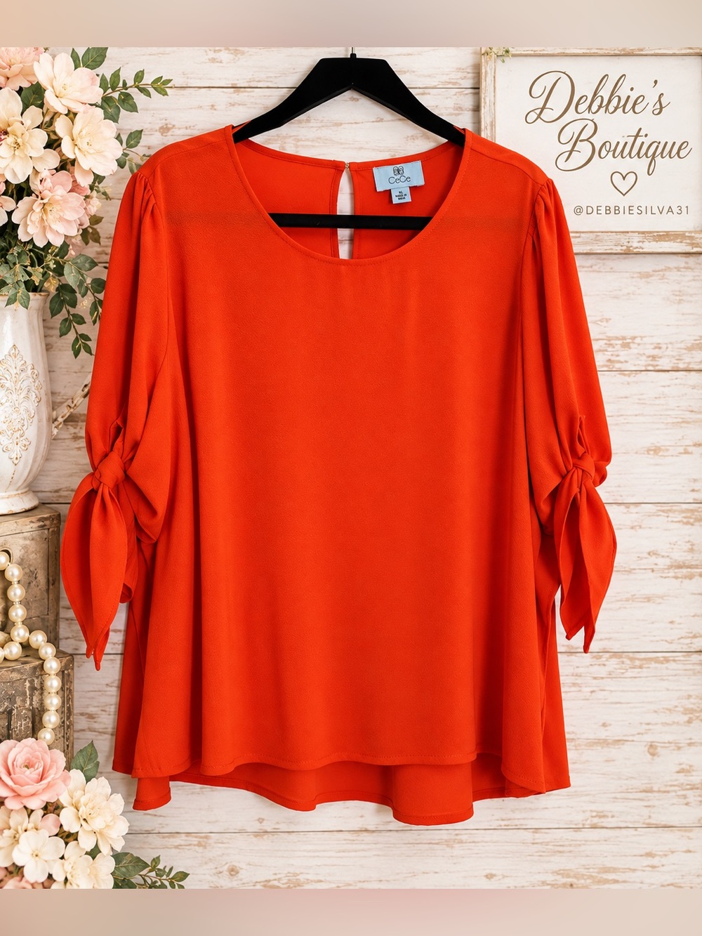 CeCe Orange Red Tie Sleeve Blouse XL Flowy Crepe Top